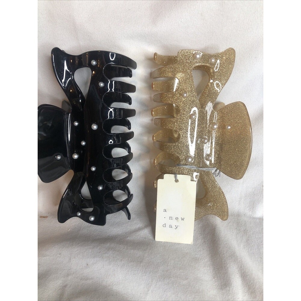 2- A New Day Large hair claw clips embellished with faux pearls Black & Gold New